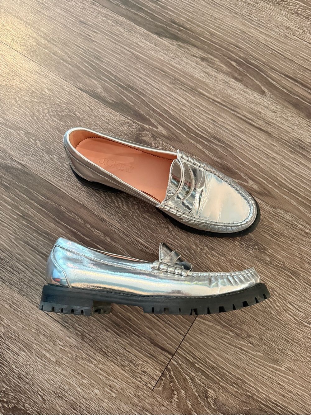 J. Crew Winona lug-sole penny loafers in metallic leather